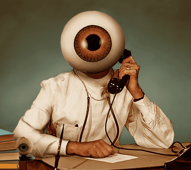 Illustration of a man in a desk, wearing a suit, with an eyeball head, holding a telephone. 