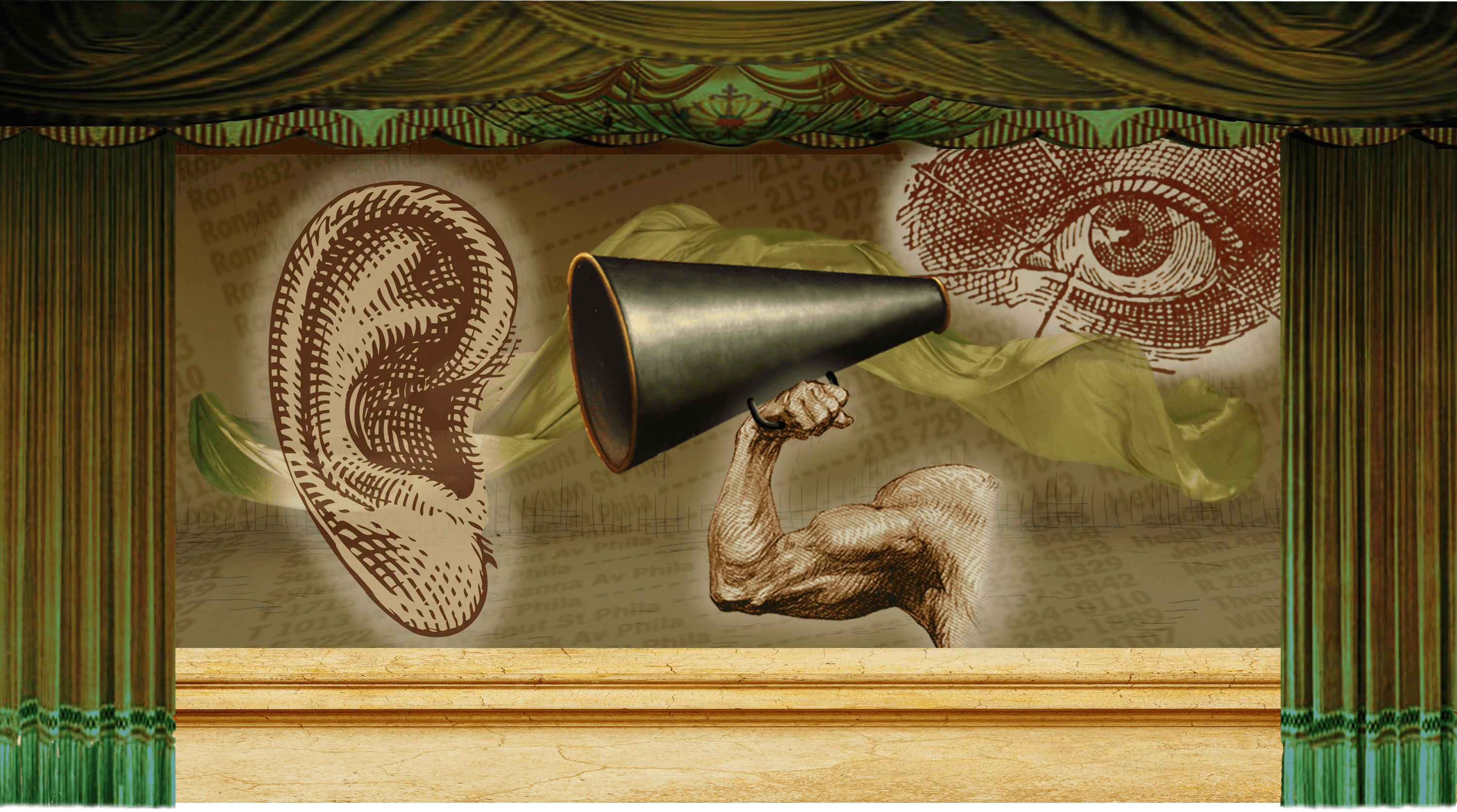 Illustration of an ear, an eye, and a megaphone under drapery. Hidden behind these elements is a faint page of a phone book.