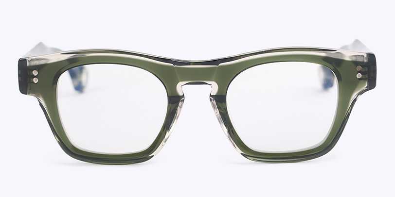 Thick, plastic, square and crystal frame with black outline. 