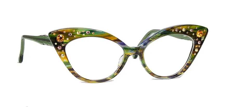 Green, cateye frames with extravagant stones.