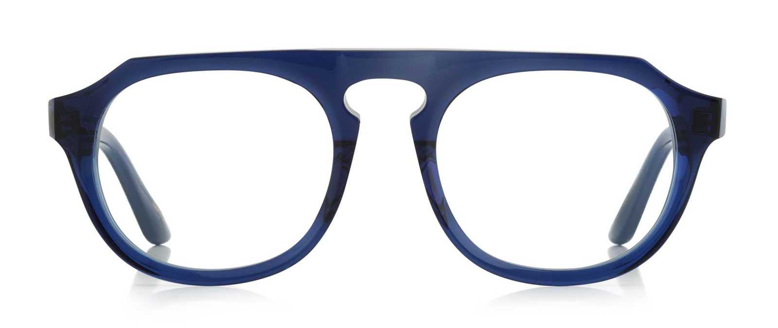 Rounded, blue plastic frame with a keyhole bridge
