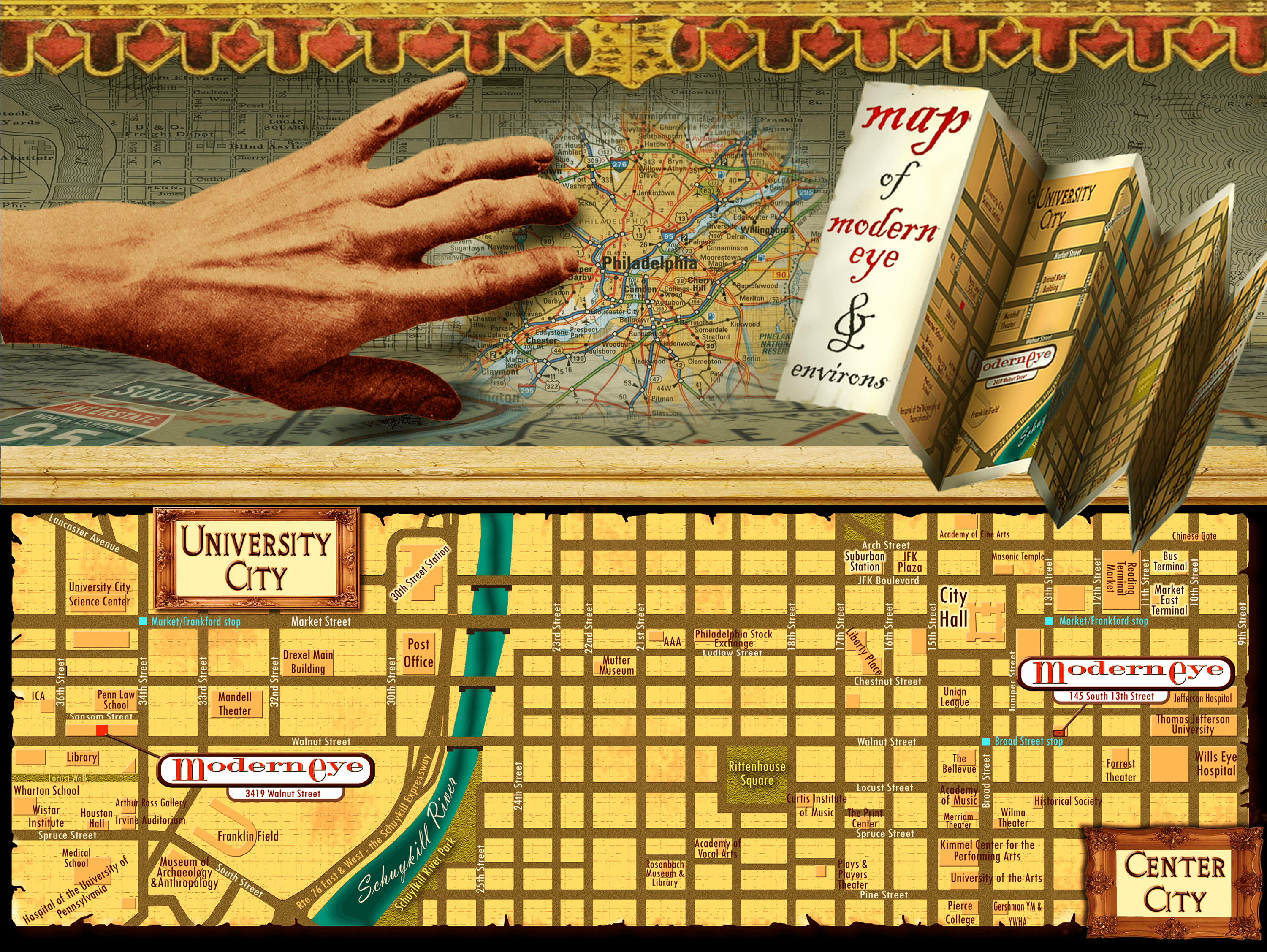 Illustration of a hand pointing at a map of Philadelphia, with a folded up map next to it. Below is a horizontal map of University City and Center City Philadelphia, marking the modern eye locations and environs.