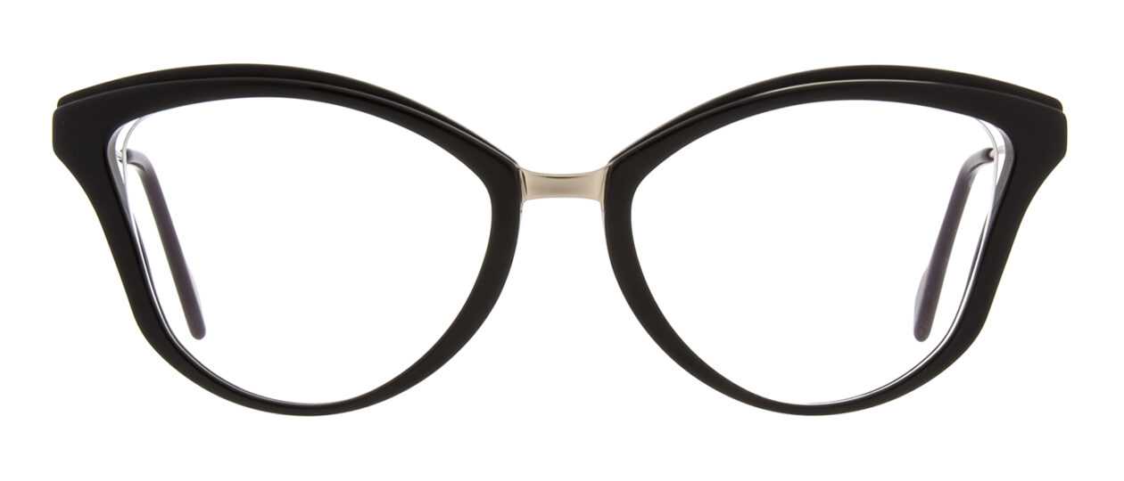 Black, plastic cateye frames with matte gold metal bridge