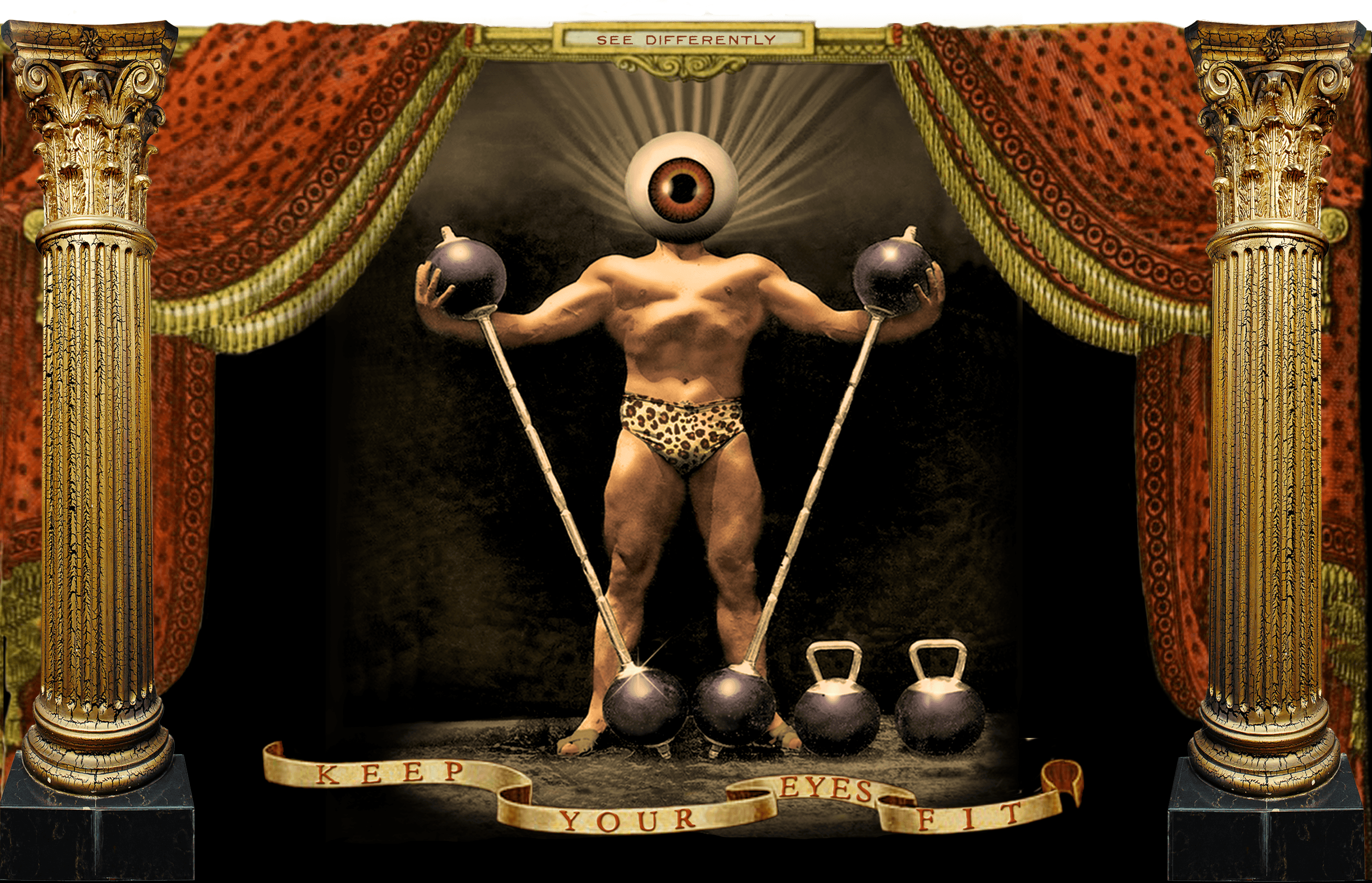 Illustration of Muscular man with eyeball head, between two ornate, golden columns. He is wearing leopard print underwear. 