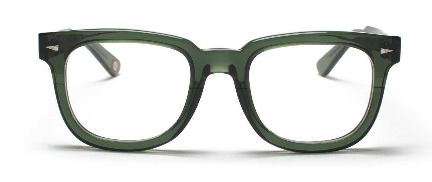 Thick, Rounded, Dark blue plastic frames with silver rivets